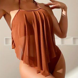 Caramel Solid Color Two Piece Bikini Sets Swimsuit, Halter Neck High Waist